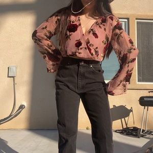 Astr Pink Floral Long Sleeve Crop Top Size XS